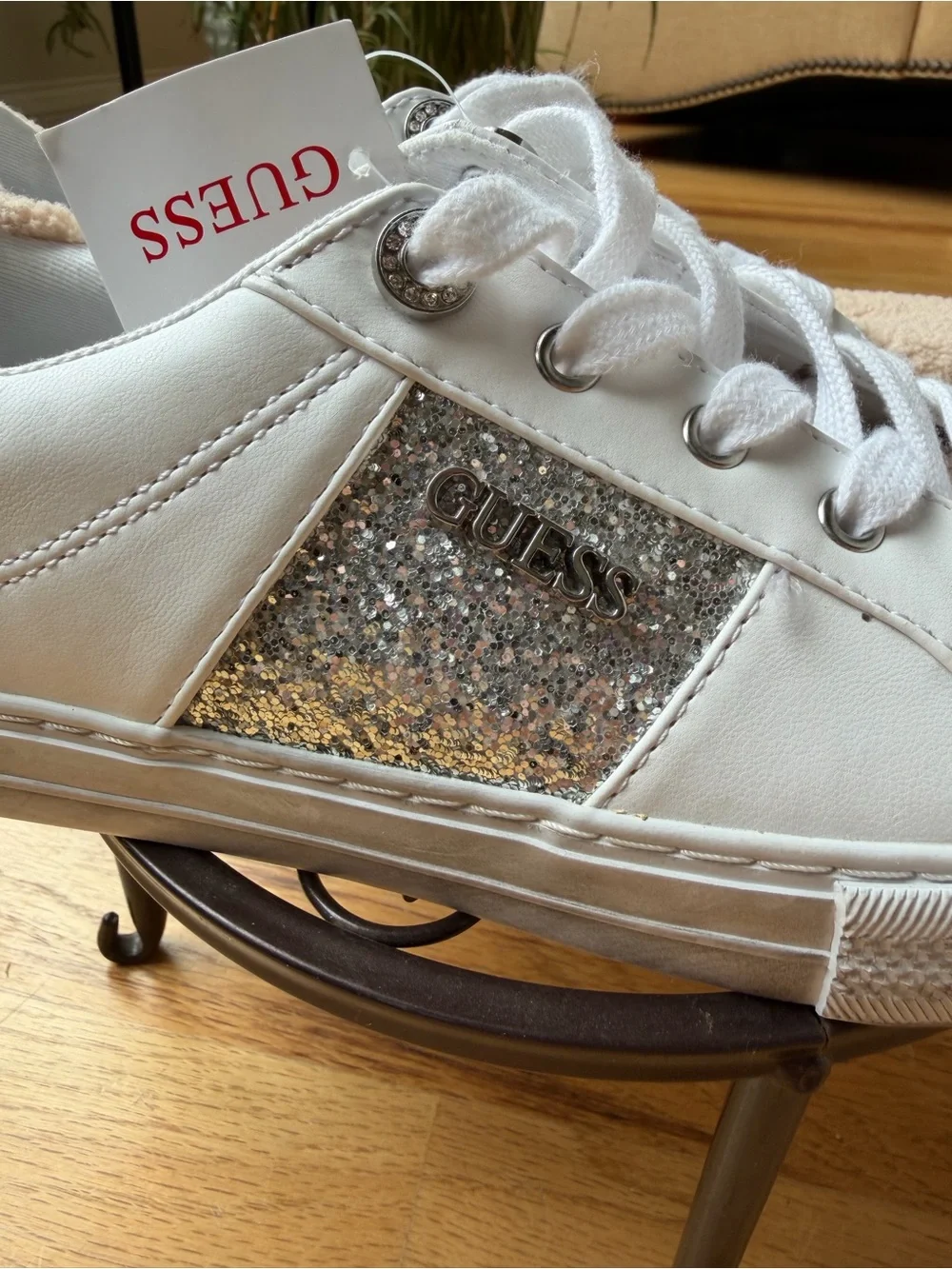 GUESS Women’s White Glitter Accent Teddy Trim Sneakers